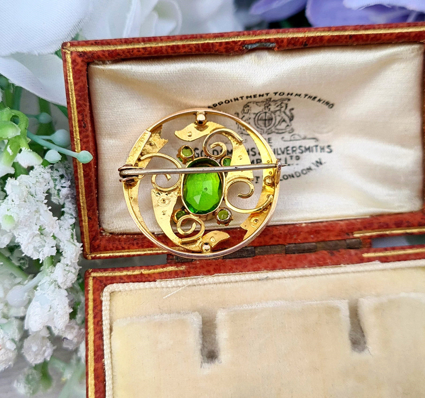 Antique Art Nouveau 9ct Yellow Gold Green Glass and Pearl Ornate Brooch Pin