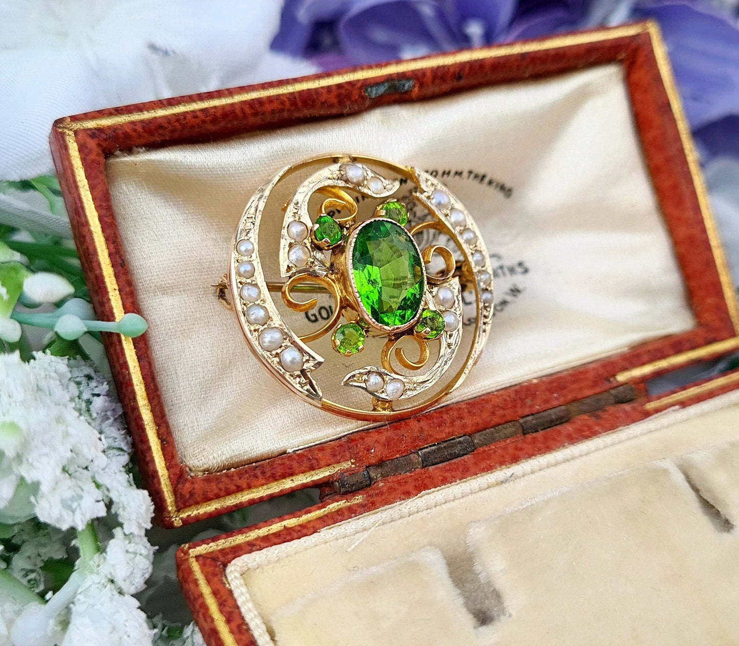 Antique Art Nouveau 9ct Yellow Gold Green Glass and Pearl Ornate Brooch Pin