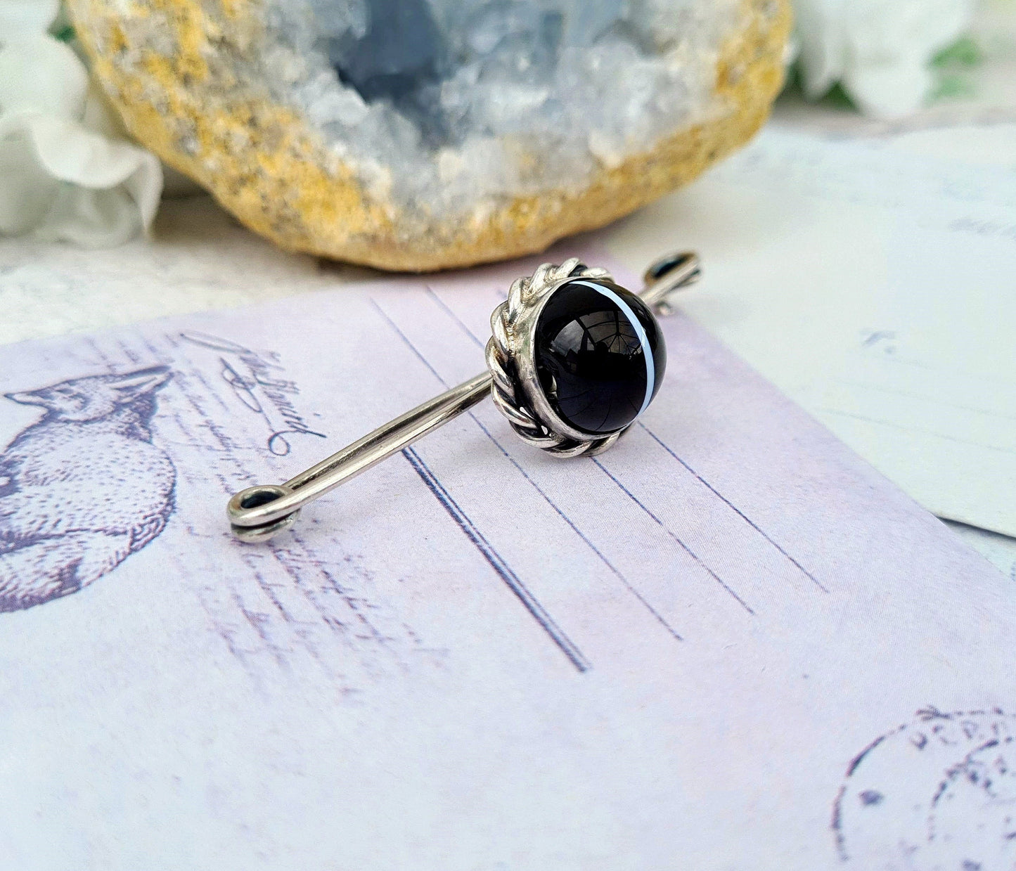 Antique Victorian Sterling Silver Black and White Banded Agate Bar Brooch Pin