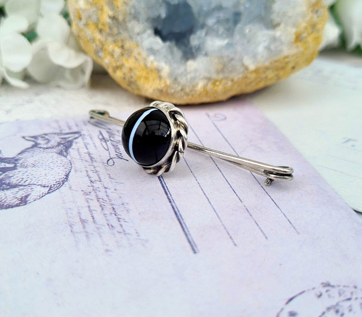 Antique Victorian Sterling Silver Black and White Banded Agate Bar Brooch Pin