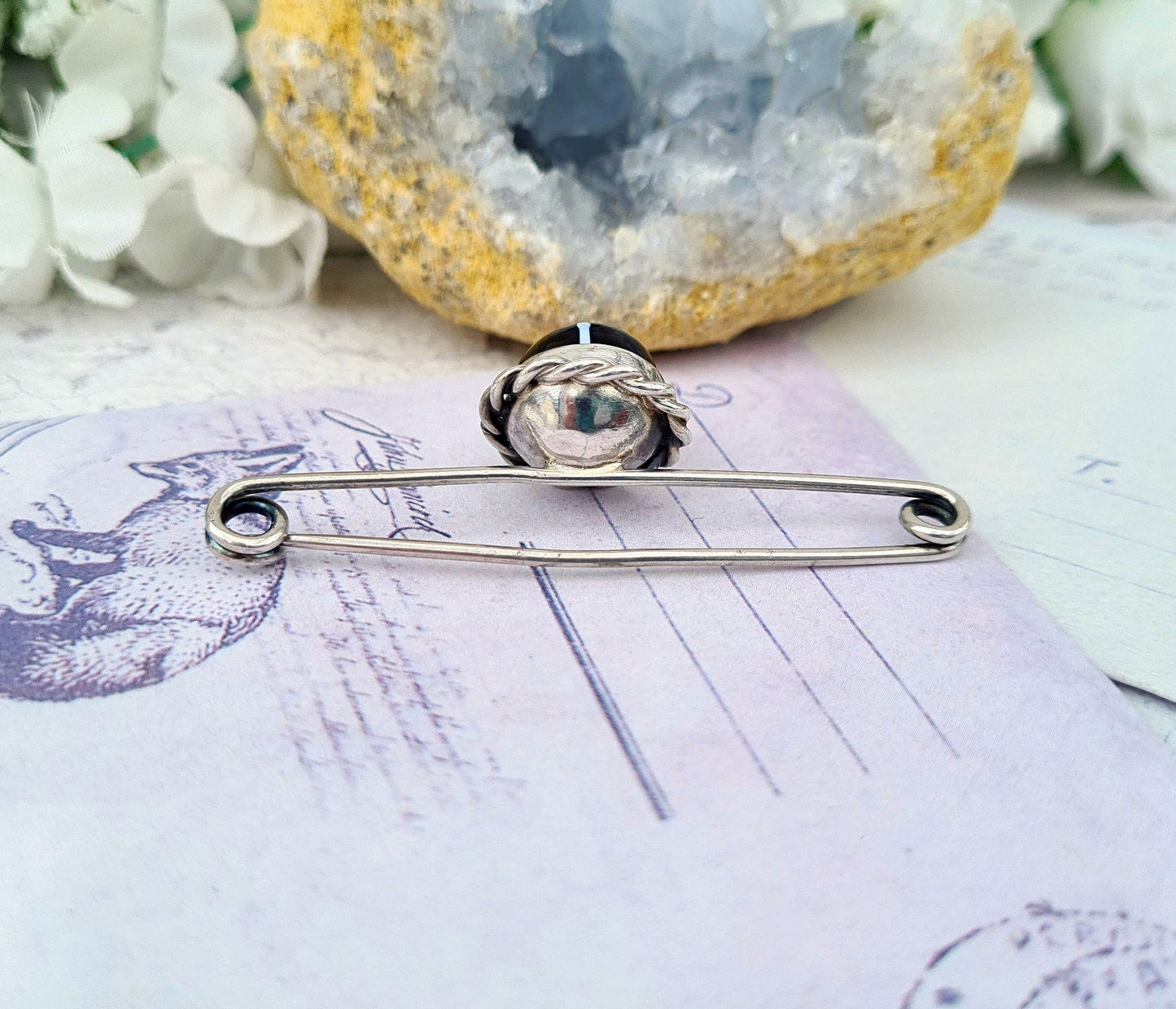 Antique Victorian Sterling Silver Black and White Banded Agate Bar Brooch Pin
