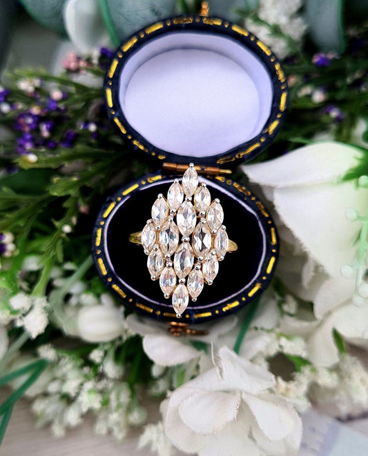 Vintage 9ct Yellow Gold White Zircon Navette Statement Cluster Ring / Size Q or 8.5