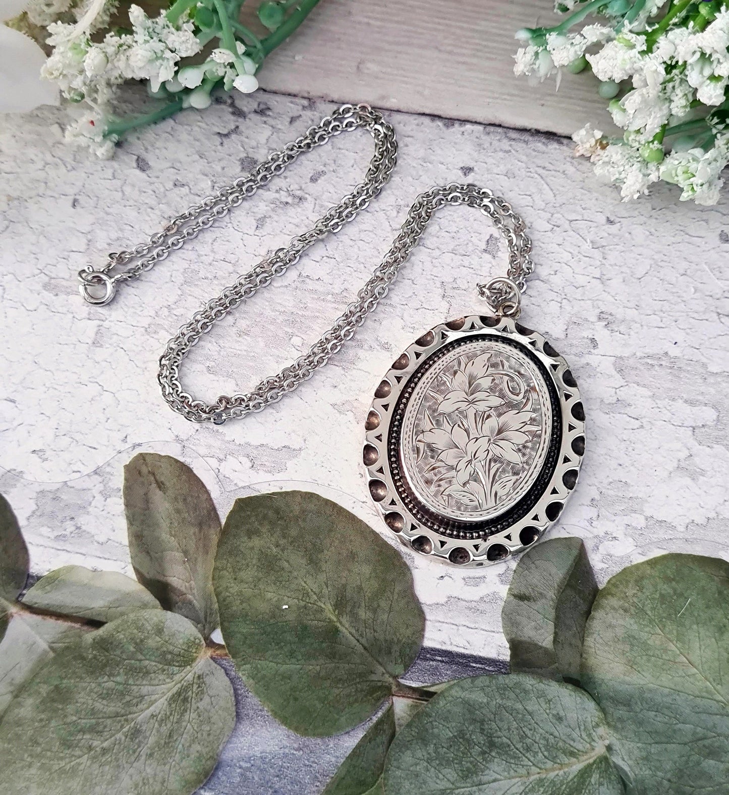 Antique Victorian Sterling Silver Large Aesthetic Engraved Flower Pendant Necklace