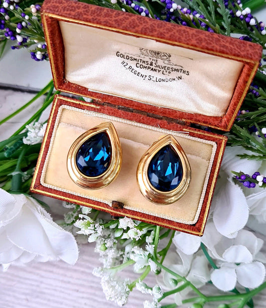 Vintage Spinx Gold Plated Large Royal Blue Glass Teardrop Statement Clip On Earrings