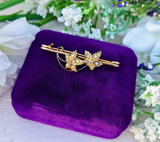 Antique Victorian 9ct Yellow Gold Everlasting Love Ivy Leaf Seed Pearl Bar Brooch Pin