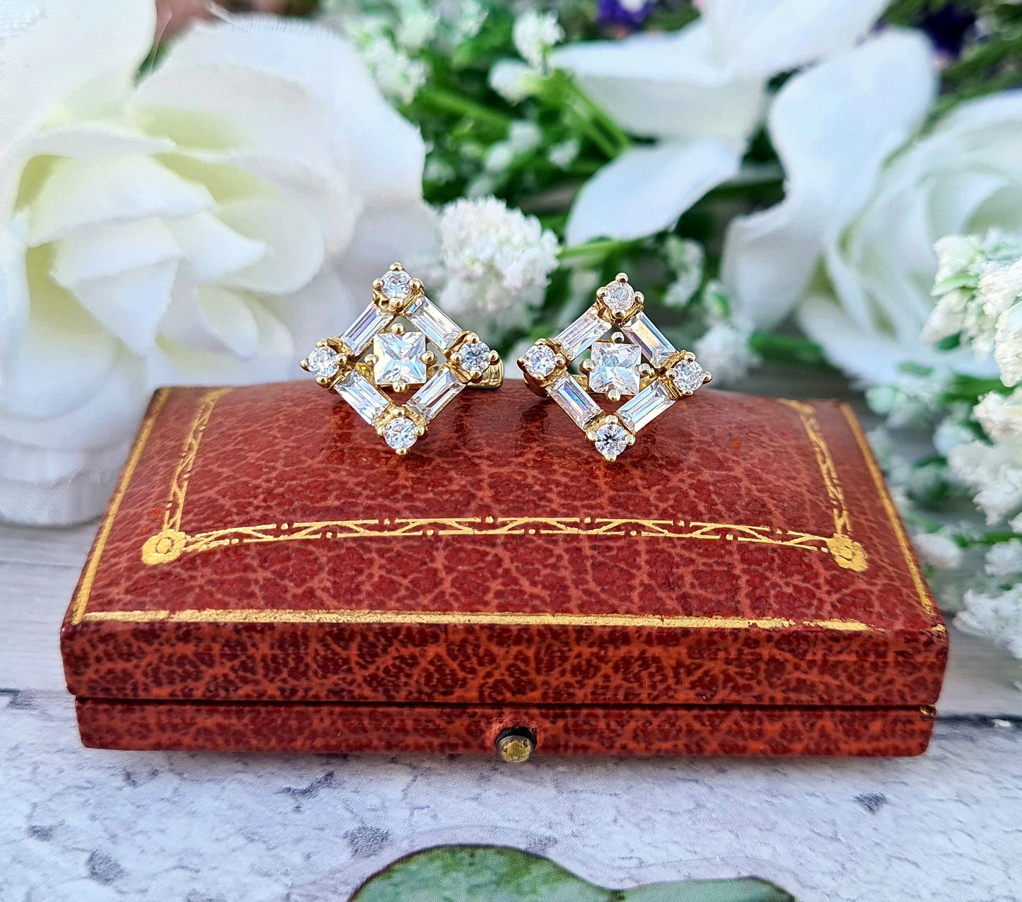 Vintage 9ct Yellow Gold Art Deco Style Sparkling Crystal Statement Stud Earrings
