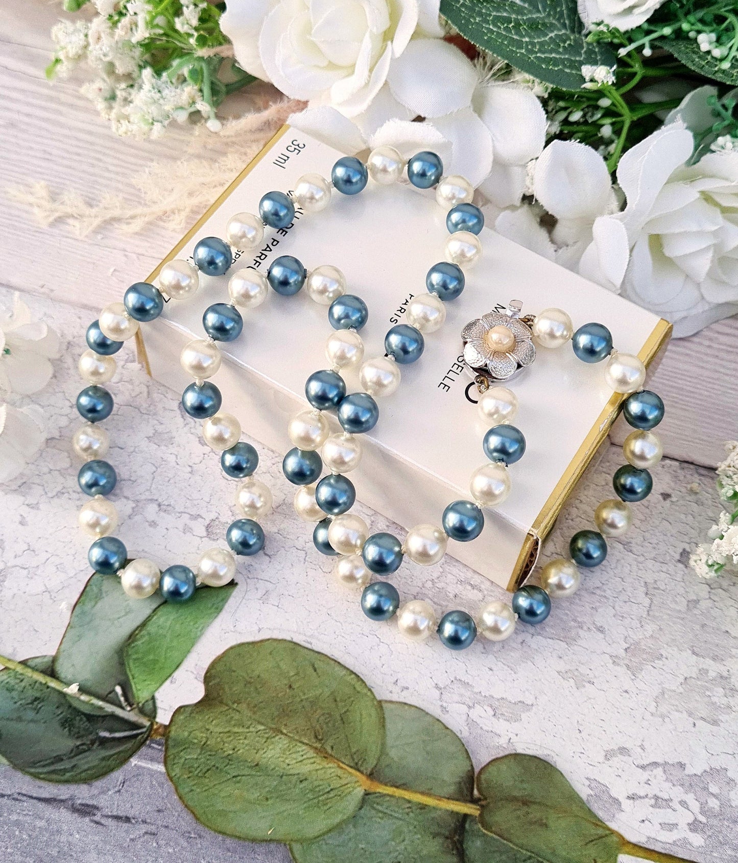 Vintage White and Blue Lustrous Imitation Pearl Necklace with Flower Clasp