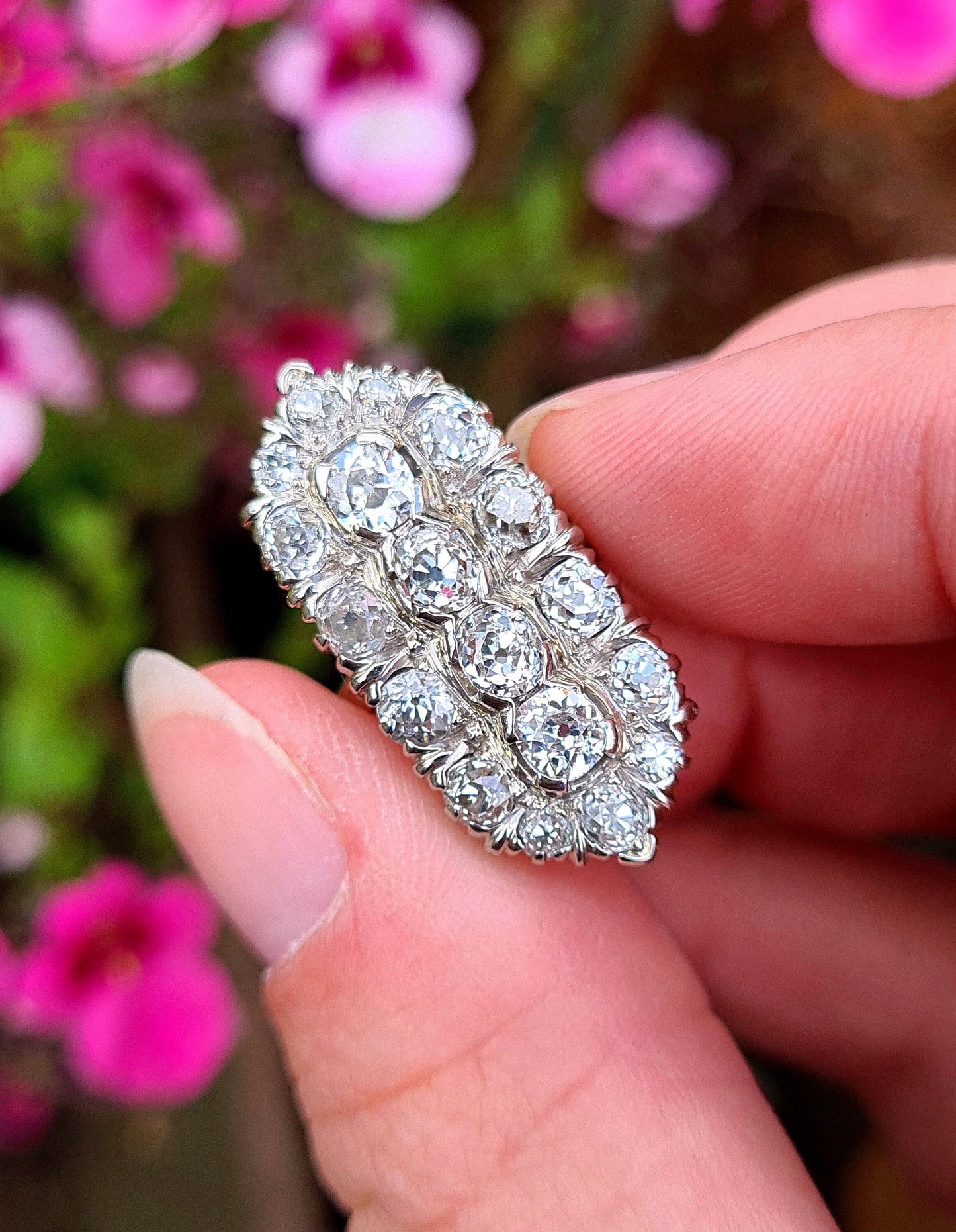 Antique Art Deco 3.35ct 14ct White Gold Showstopping Old Cut Diamond Cluster Statement Ring / Size M 1/2 or 6.75