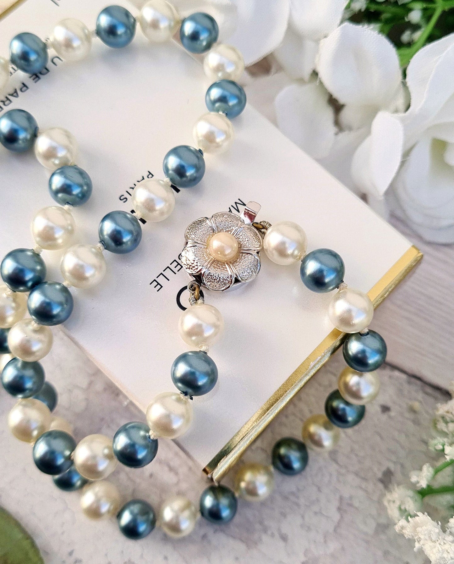 Vintage White and Blue Lustrous Imitation Pearl Necklace with Flower Clasp