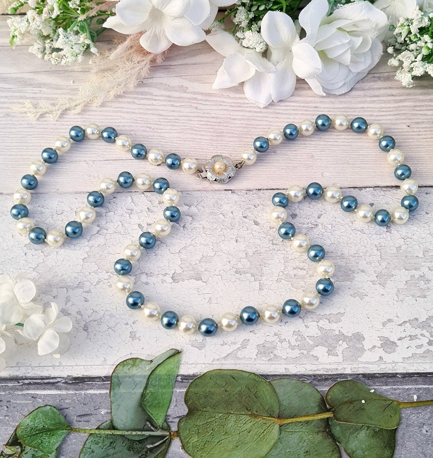 Vintage White and Blue Lustrous Imitation Pearl Necklace with Flower Clasp