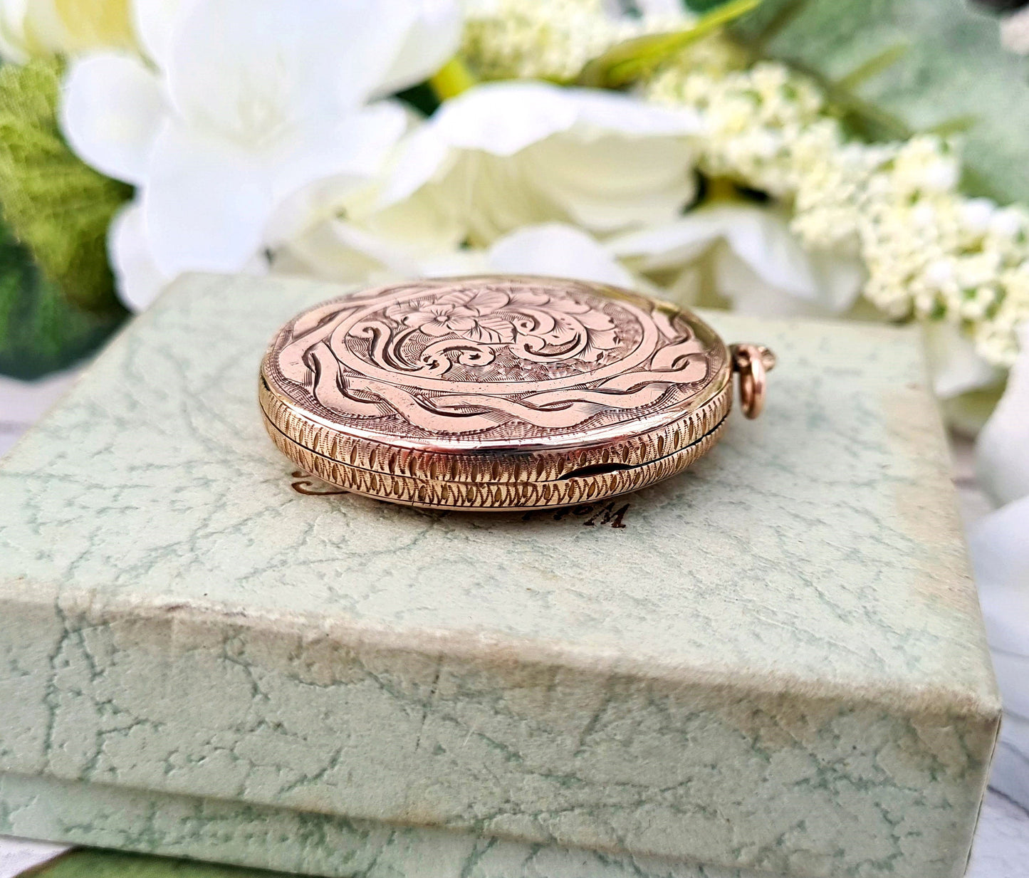 Antique Victorian Gold Tone Large Ornate Engraved Floral Oval Locket Pendant
