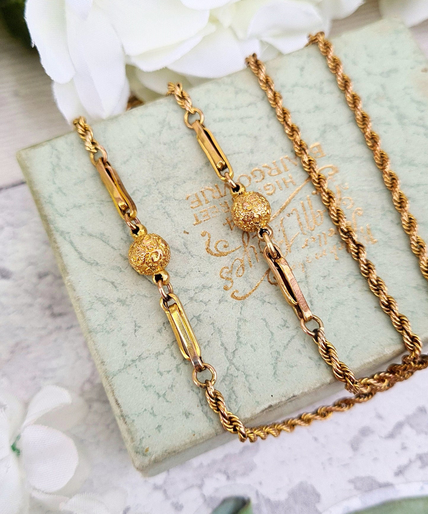 Antique Edwardian Solid 9ct Yellow Gold Fancy Ball and Rope 18.5" Necklace Chain for Pendant / 8.2 grams