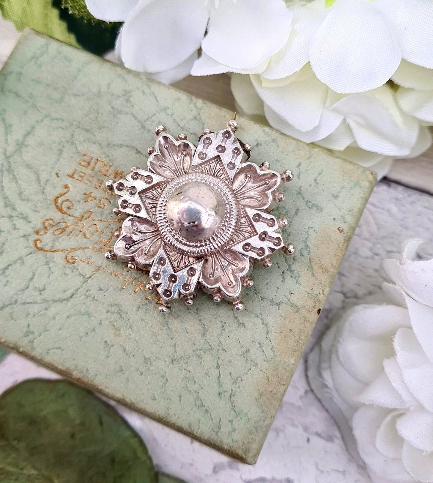 Antique Victorian Sterling Silver Aesthetic Style Glass Locket Star Brooch Pin