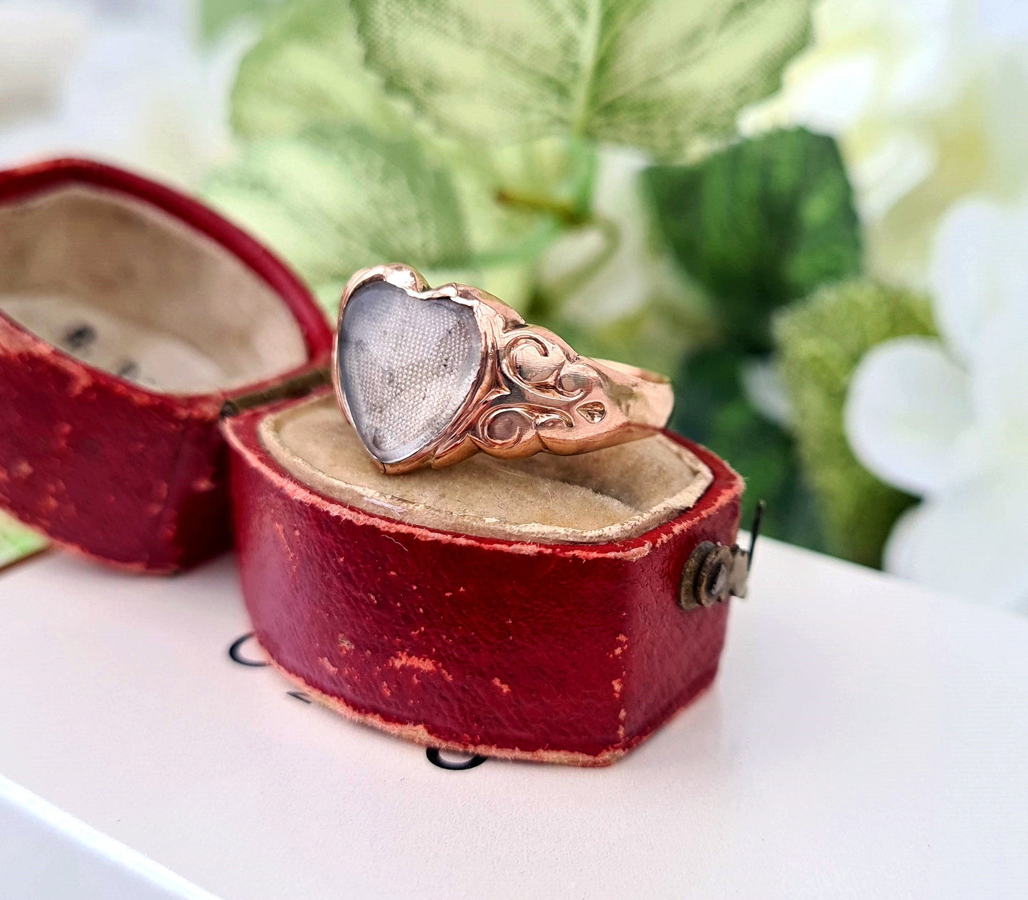 Antique 1909 Edwardian 9ct Rose Gold Rock Crystal Heart Locket Signet Ring / Size S or 9.5