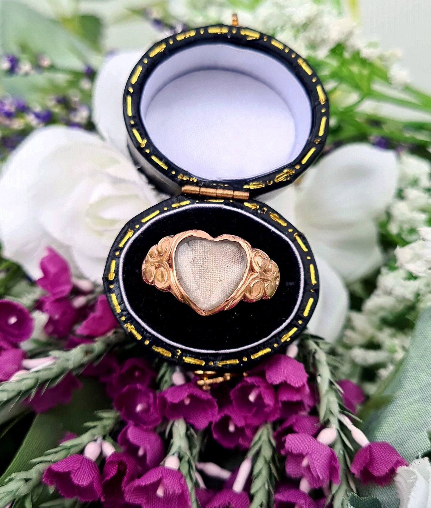 Antique 1909 Edwardian 9ct Rose Gold Rock Crystal Heart Locket Signet Ring / Size S or 9.5