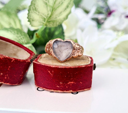 Antique 1909 Edwardian 9ct Rose Gold Rock Crystal Heart Locket Signet Ring / Size S or 9.5