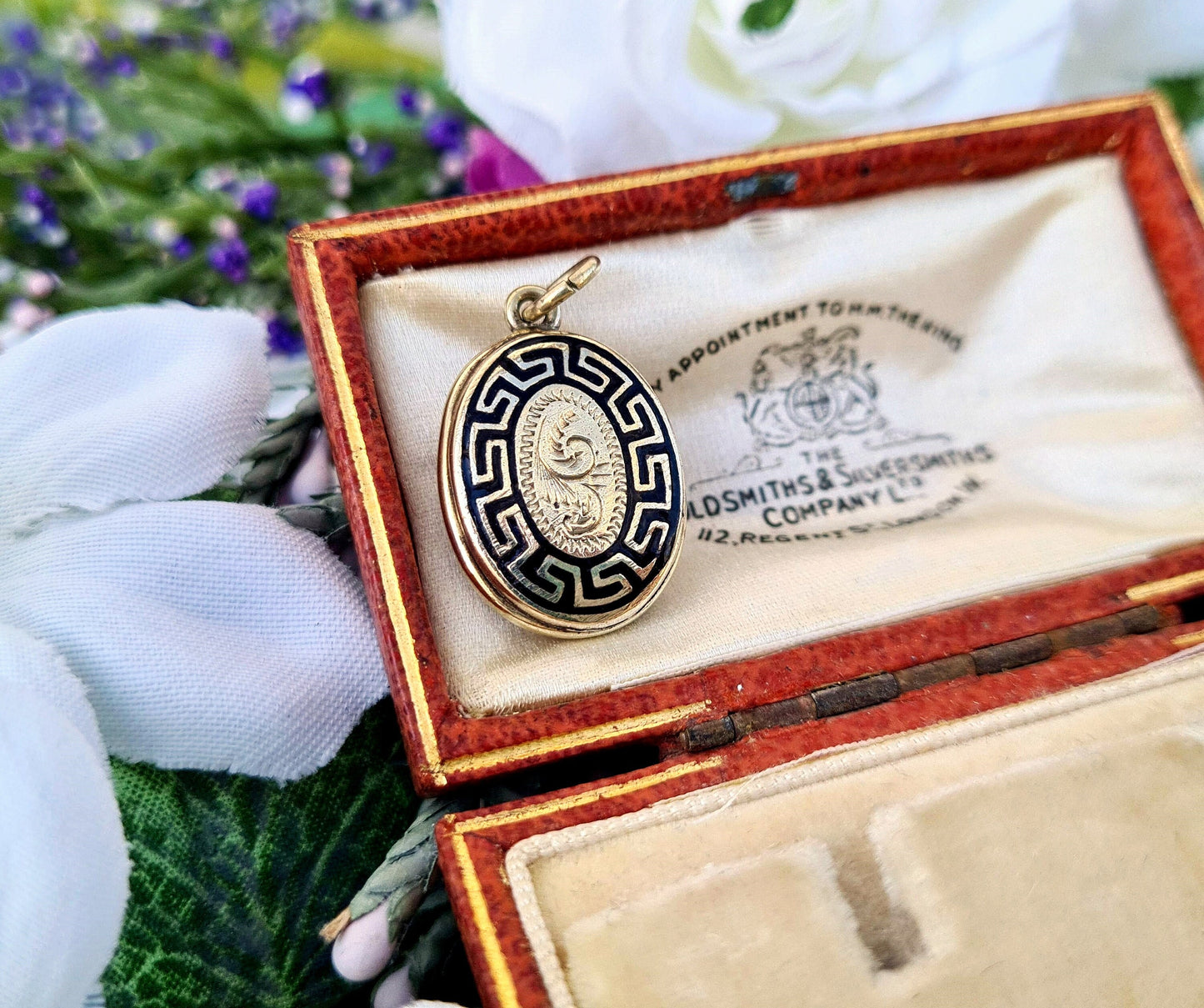 Antique Victorian Gold Tone Engraved Black Enamel Glass Locket Pendant Necklace