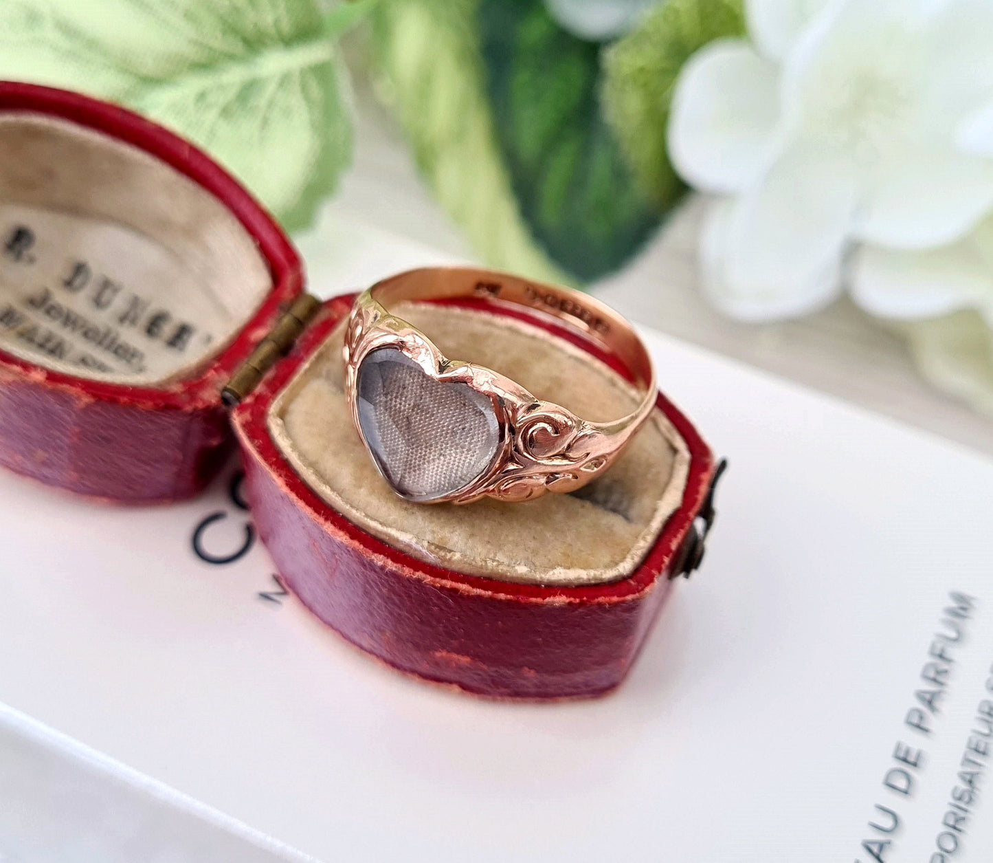Antique 1909 Edwardian 9ct Rose Gold Rock Crystal Heart Locket Signet Ring / Size S or 9.5