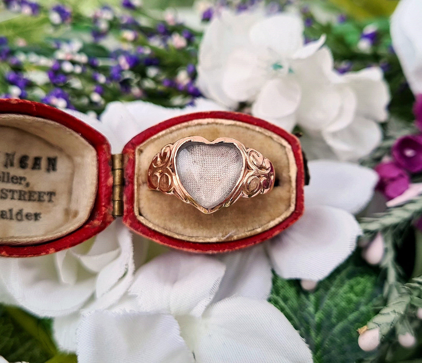 Antique 1909 Edwardian 9ct Rose Gold Rock Crystal Heart Locket Signet Ring / Size S or 9.5