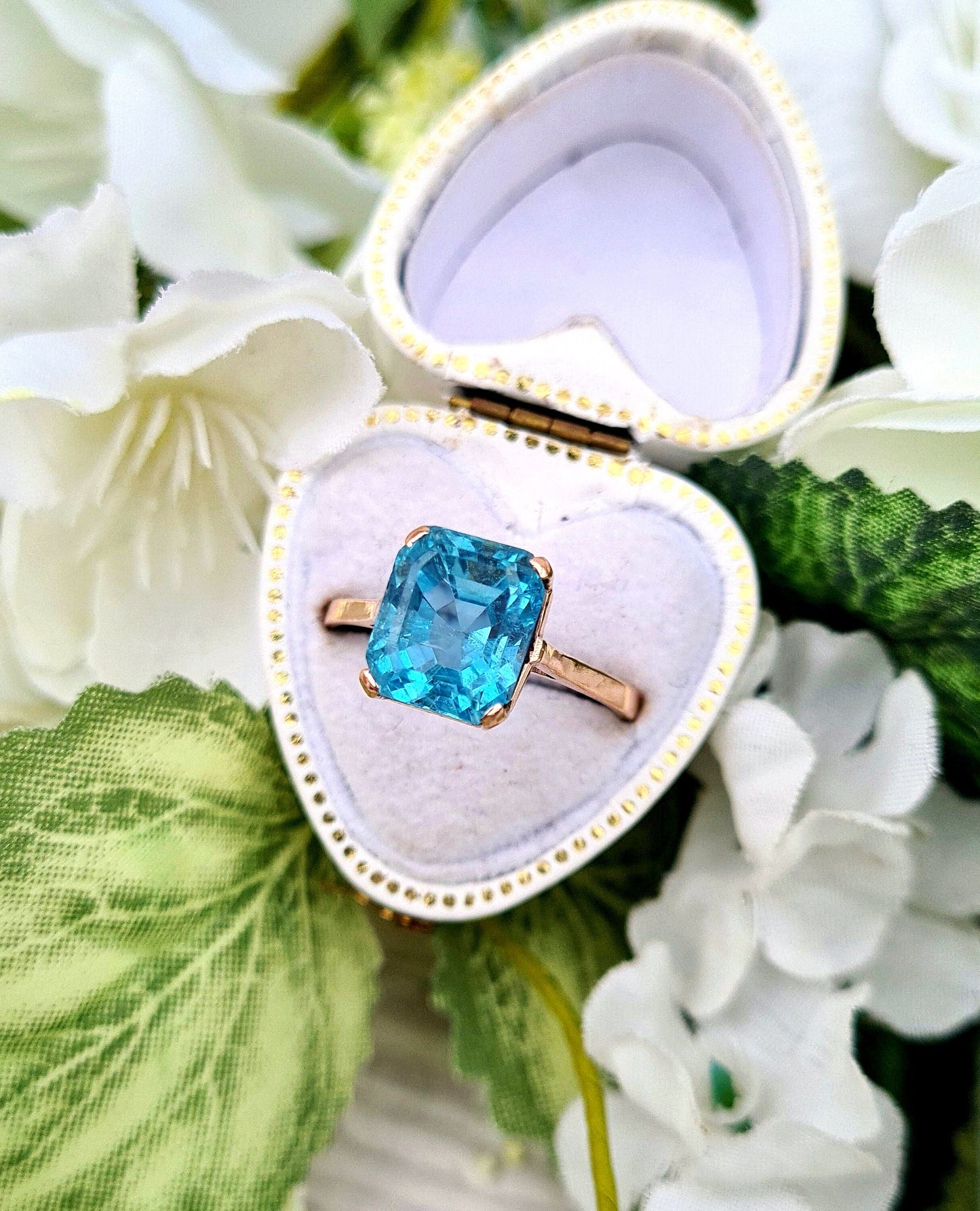 Antique Art Deco 9ct Rose Gold 3.3ct Ocean Blue Aquamarine Solitaire Ring / Size P or 8