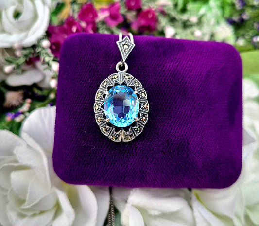 Vintage Art Deco Style Sterling Silver Blue Glass and Marcasite Pendant Necklace