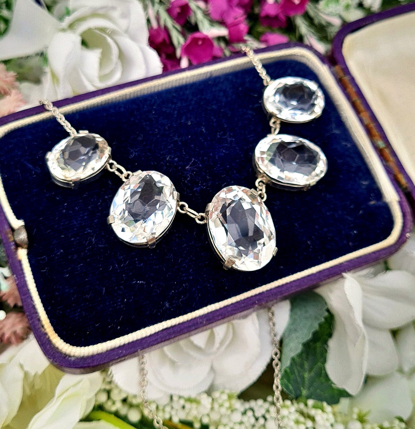 Vintage Art Deco Sterling Silver Large 5 Stone Rock Crystal Quartz Statement Necklace