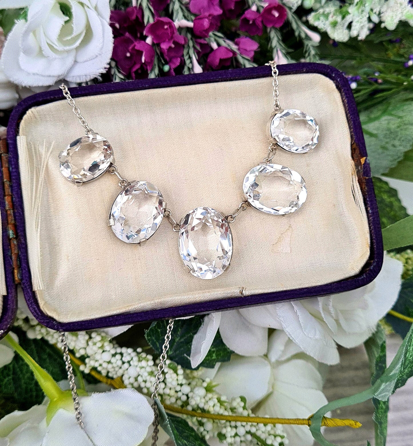 Vintage Art Deco Sterling Silver Large 5 Stone Rock Crystal Quartz Statement Necklace