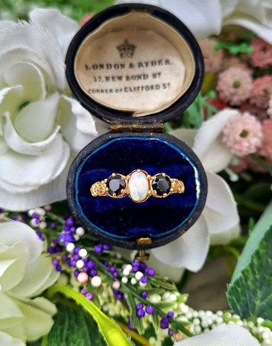 Vintage 1991 9ct Rose Gold Ornate Sapphire and Opal Trilogy Ring / Size S or 9.5