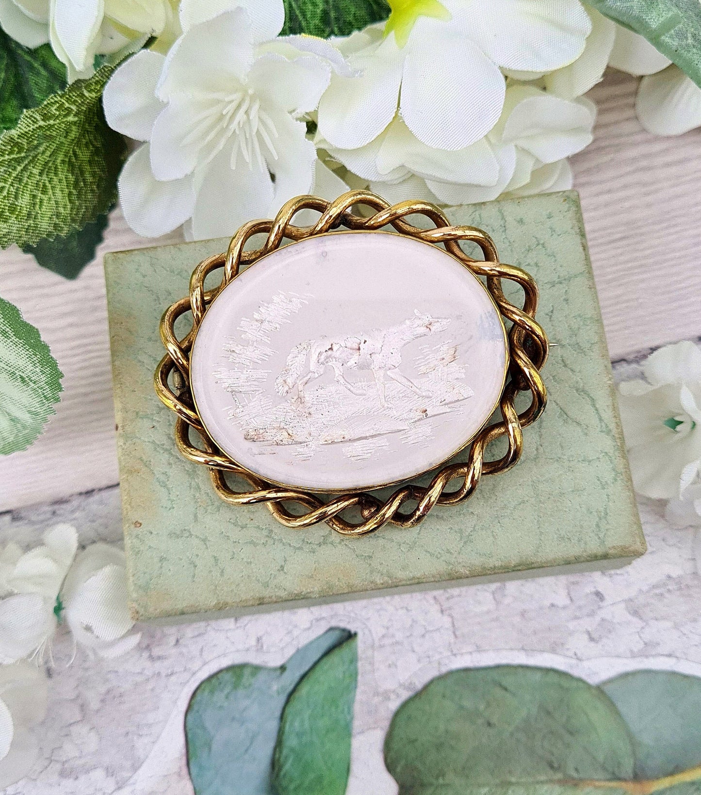 Antique Victorian Gold Pinchbeck Large Carved White Wolf Mother of Pearl Brooch Pin
