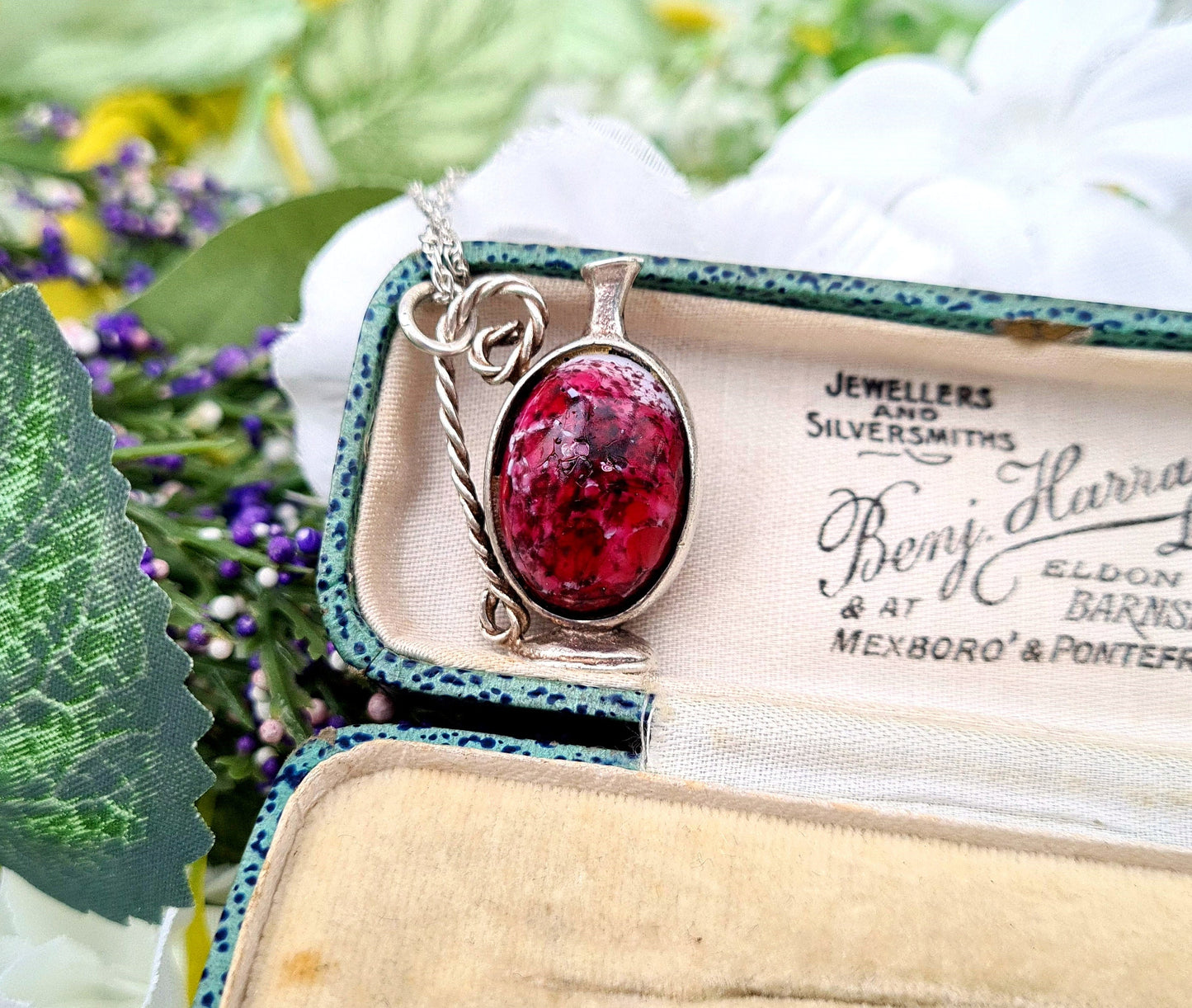 Vintage Sterling Silver Aquarius Water Jug Pendant with Pink Crackle Bead