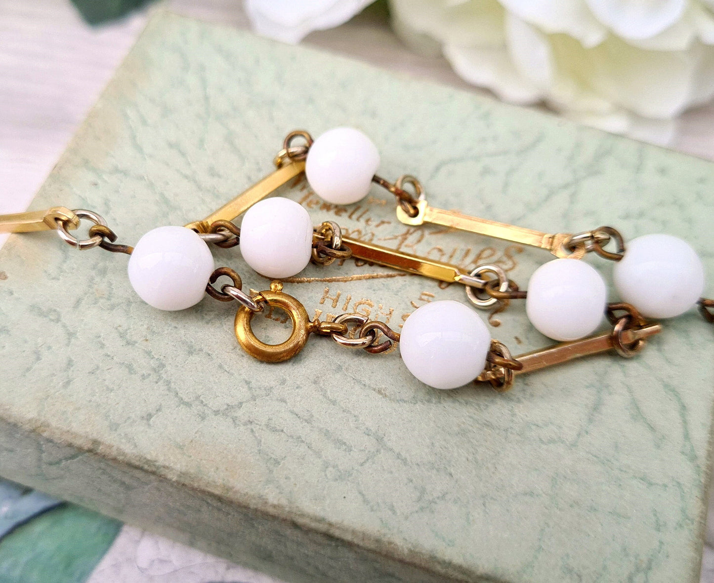Vintage Gold Tone Bar Necklace with Milk White Round Glass Beads 30"