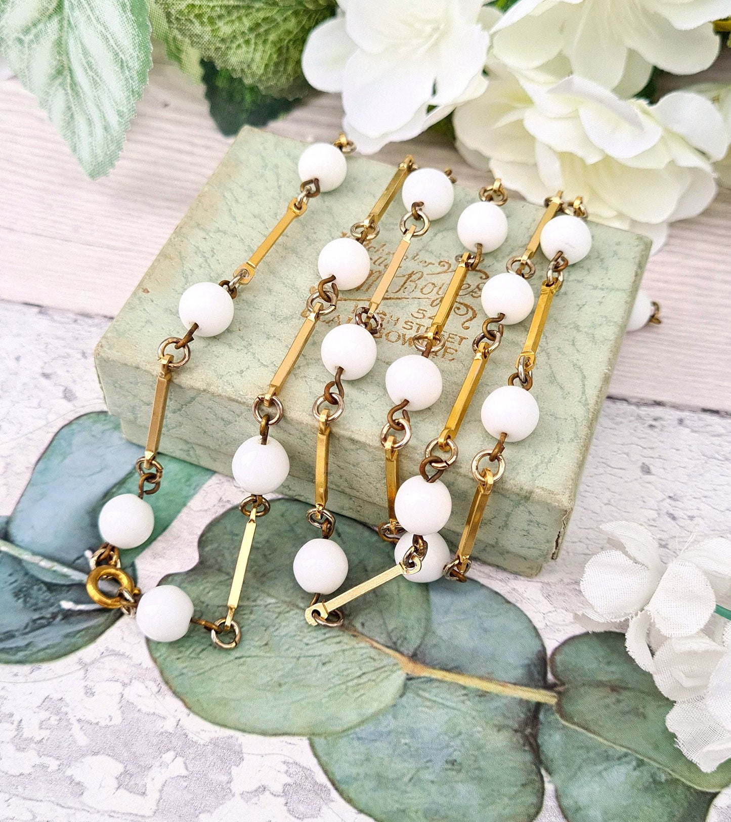 Vintage Gold Tone Bar Necklace with Milk White Round Glass Beads 30"