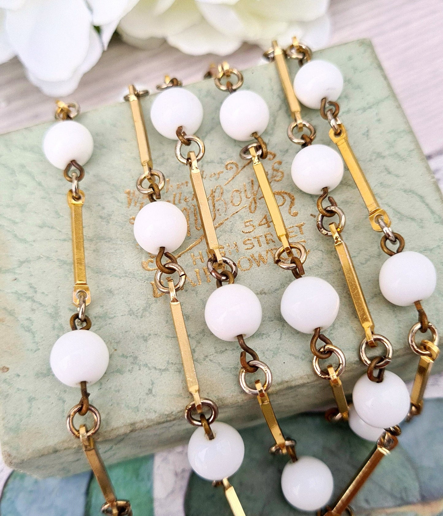 Vintage Gold Tone Bar Necklace with Milk White Round Glass Beads 30"