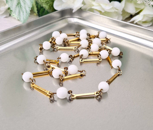 Vintage Gold Tone Bar Necklace with Milk White Round Glass Beads 30"