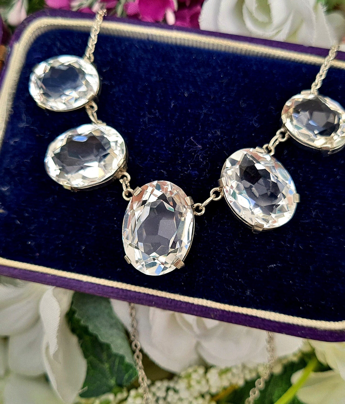 Vintage Art Deco Sterling Silver Large 5 Stone Rock Crystal Quartz Statement Necklace