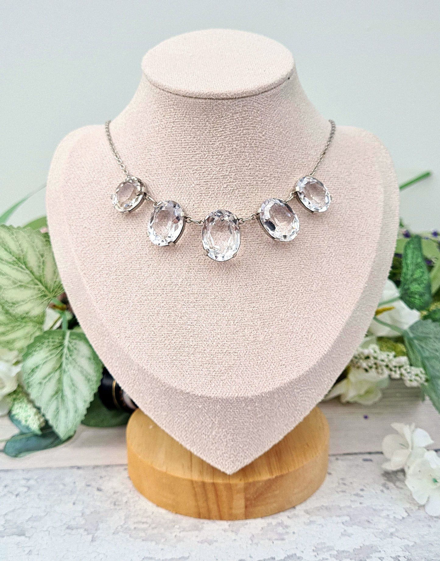 Vintage Art Deco Sterling Silver Large 5 Stone Rock Crystal Quartz Statement Necklace