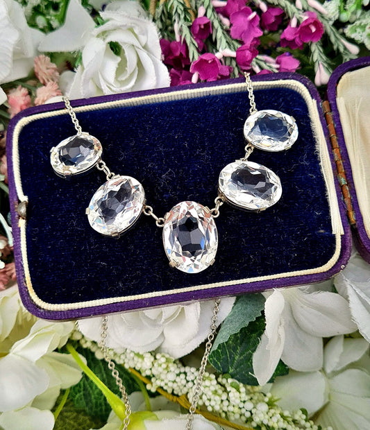Vintage Art Deco Sterling Silver Large 5 Stone Rock Crystal Quartz Statement Necklace