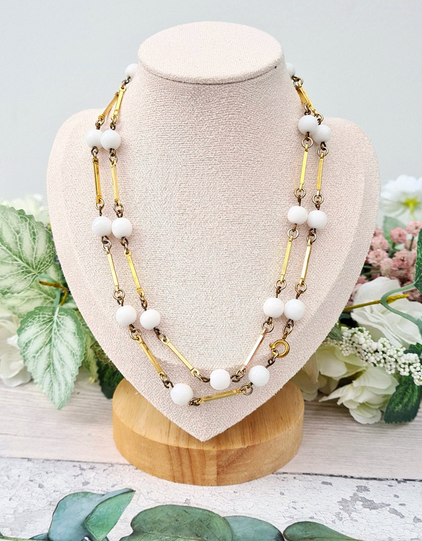 Vintage Gold Tone Bar Necklace with Milk White Round Glass Beads 30"