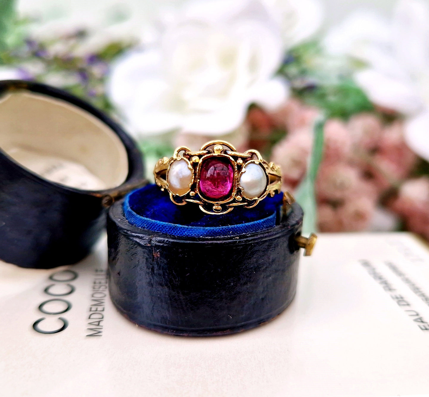 Antique Victorian 15ct Yellow Gold Pearl & Raspberry Pink Glass Cabochon Trilogy Ring / Size N 1/2 or 7.25