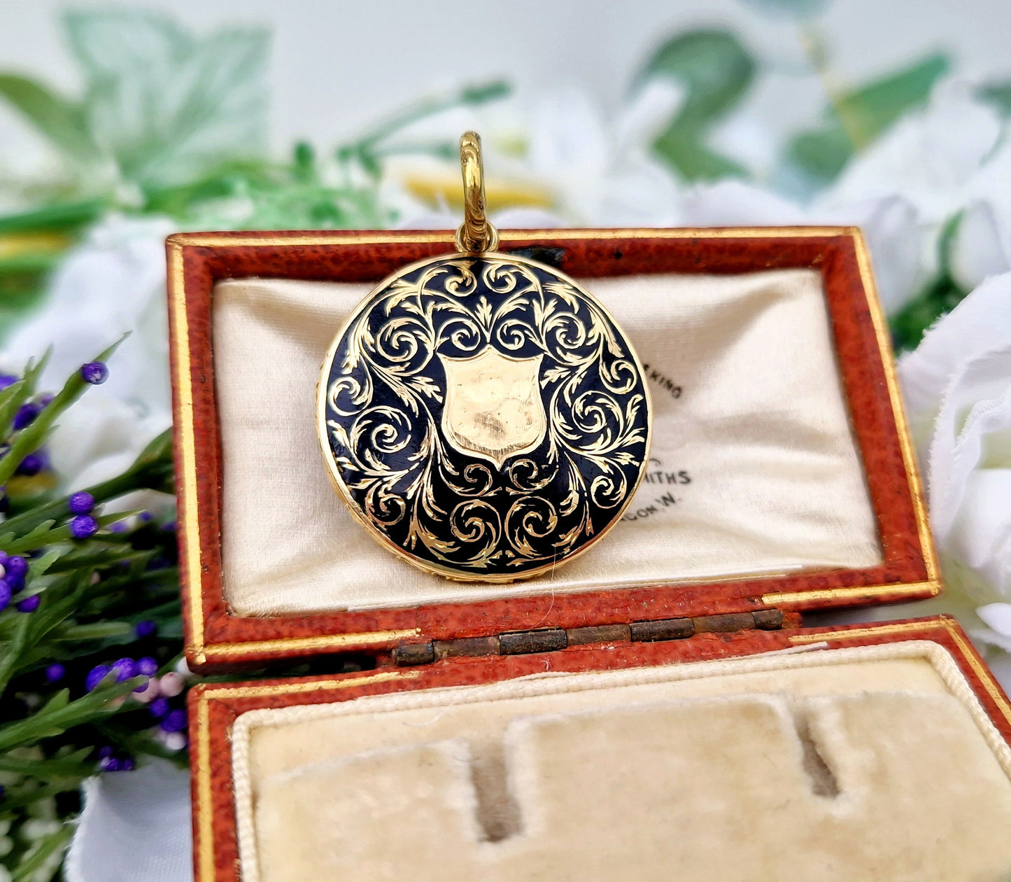 Antique Victorian 15ct Gold Ornate Engraved Black Enamel & Shield Glass Locket Pendant