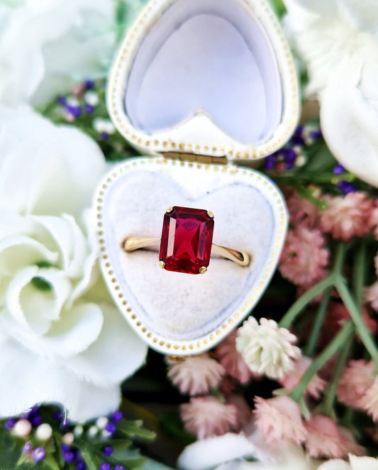 Antique Art Deco 9ct Yellow Gold Raspberry Pink Glass Solitaire Ring / Size N or 7