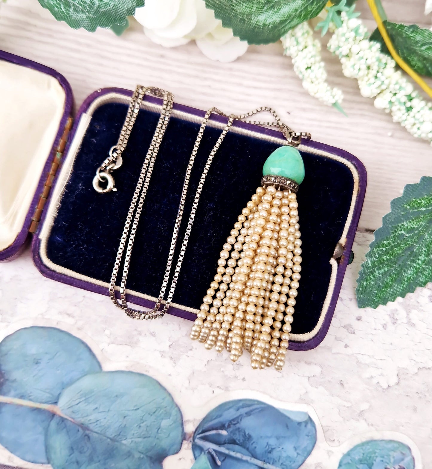 Antique Art Deco Sterling Silver Amazonite Marcasite Statement Tassel Necklace
