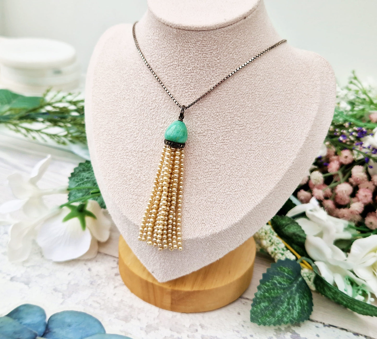 Antique Art Deco Sterling Silver Amazonite Marcasite Statement Tassel Necklace