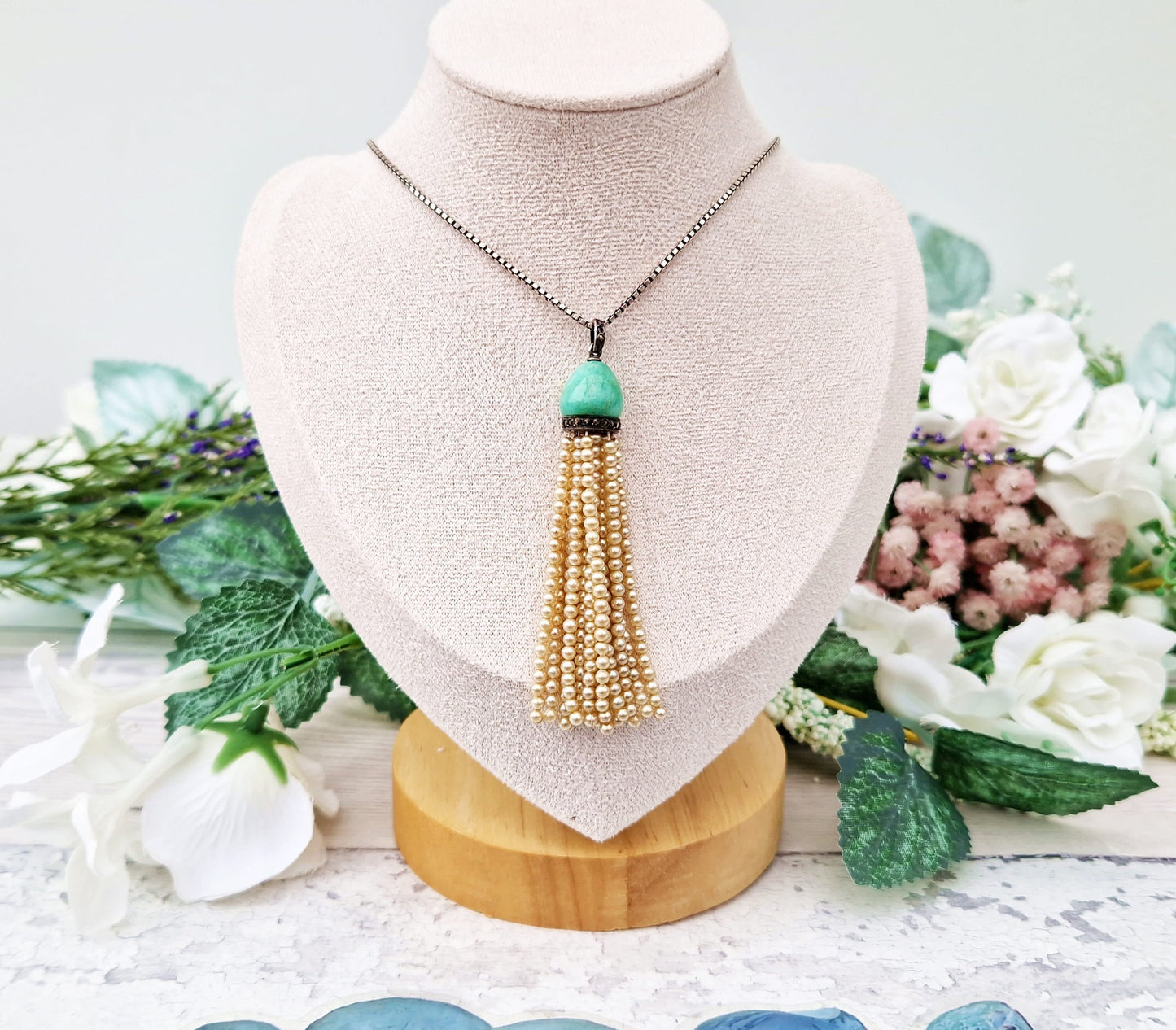 Antique Art Deco Sterling Silver Amazonite Marcasite Statement Tassel Necklace