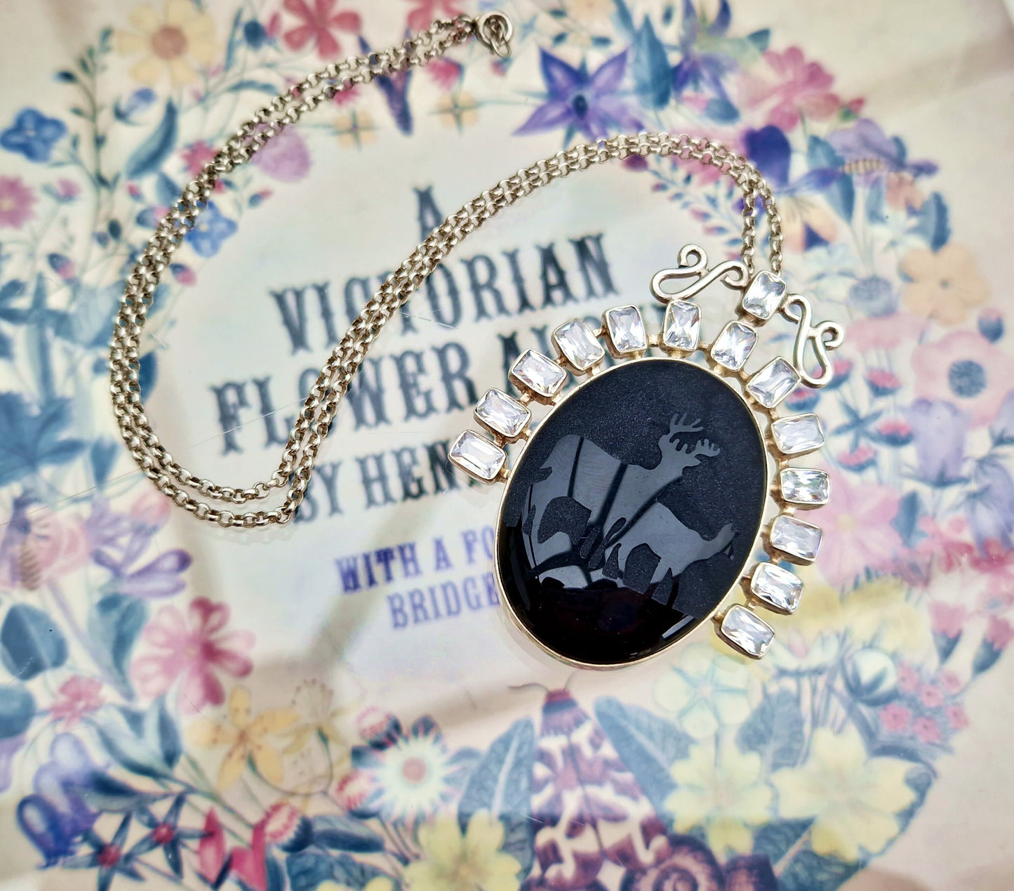 Vintage Sterling Silver Huge Statement Pendant Necklace with Black Glass & Carved Stag with Deer