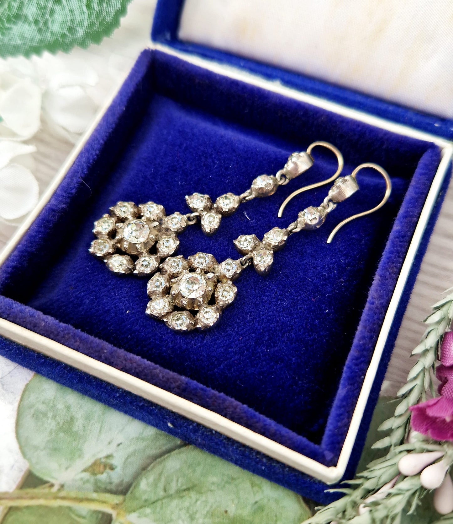 Antique Victorian 9ct Gold and Sterling Silver Pinched Collet Paste Cluster Hook Earrings