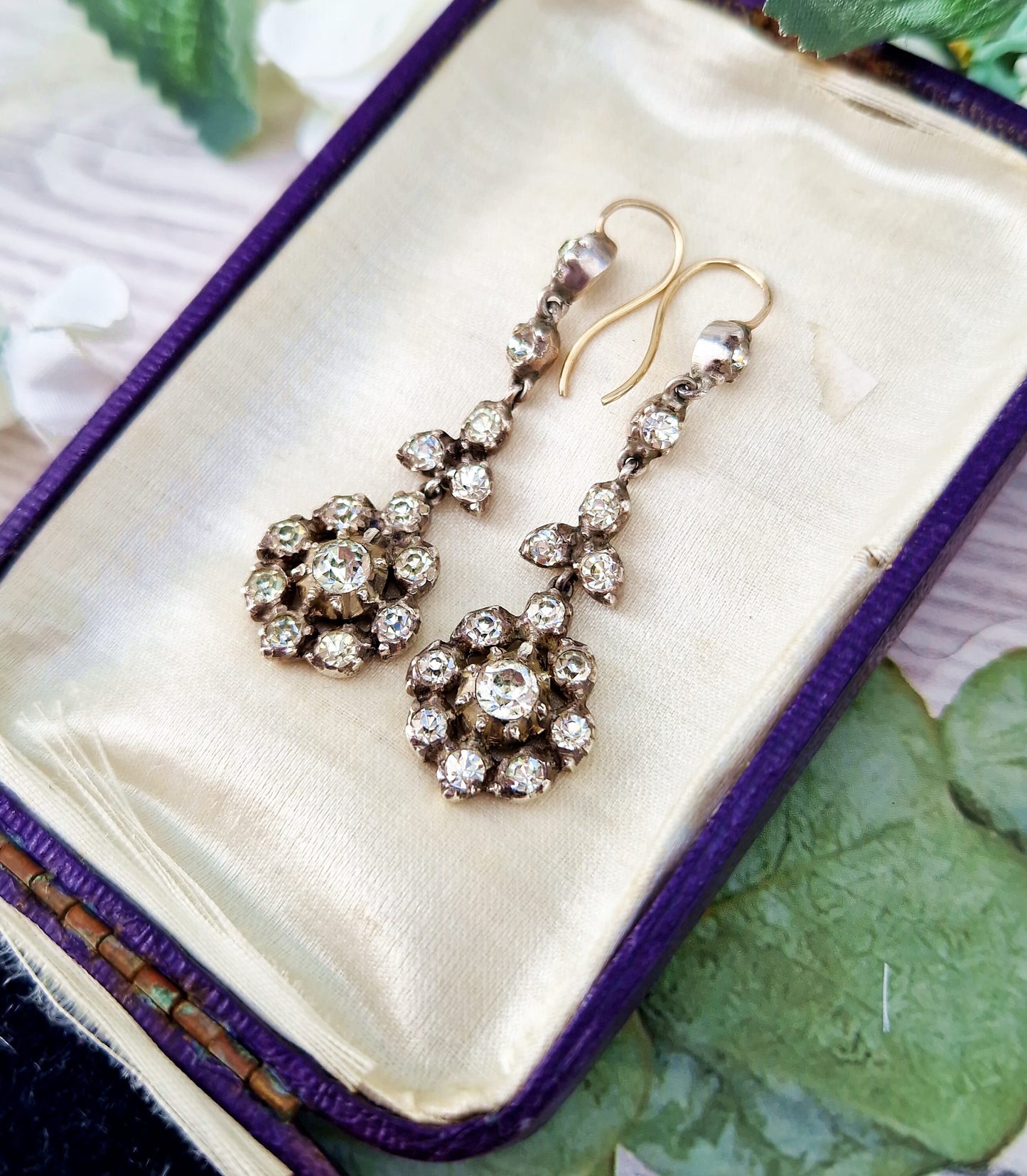 Antique Victorian 9ct Gold and Sterling Silver Pinched Collet Paste Cluster Hook Earrings