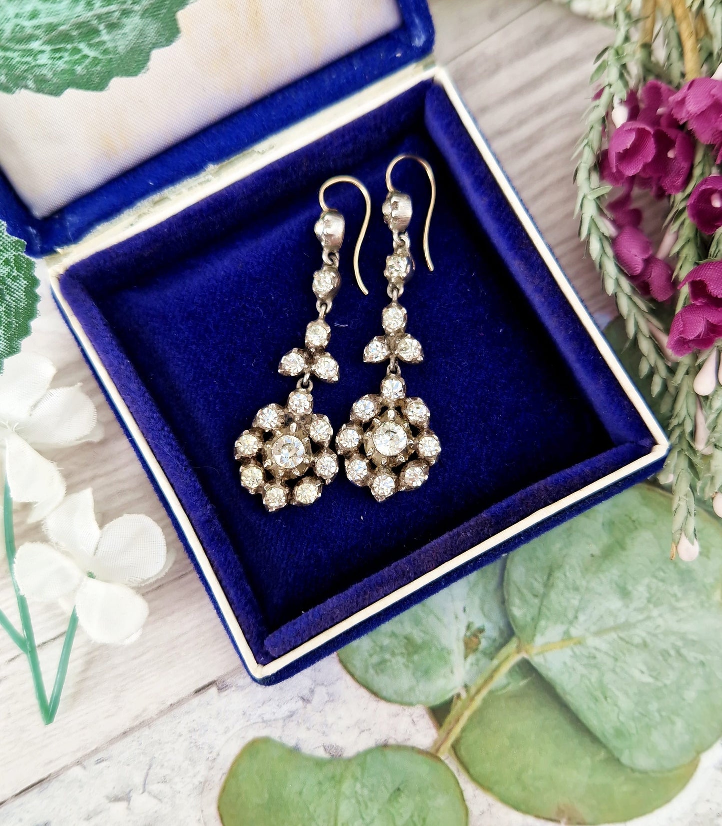 Antique Victorian 9ct Gold and Sterling Silver Pinched Collet Paste Cluster Hook Earrings