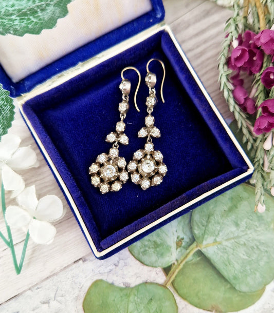 Antique Victorian 9ct Gold and Sterling Silver Pinched Collet Paste Cluster Hook Earrings