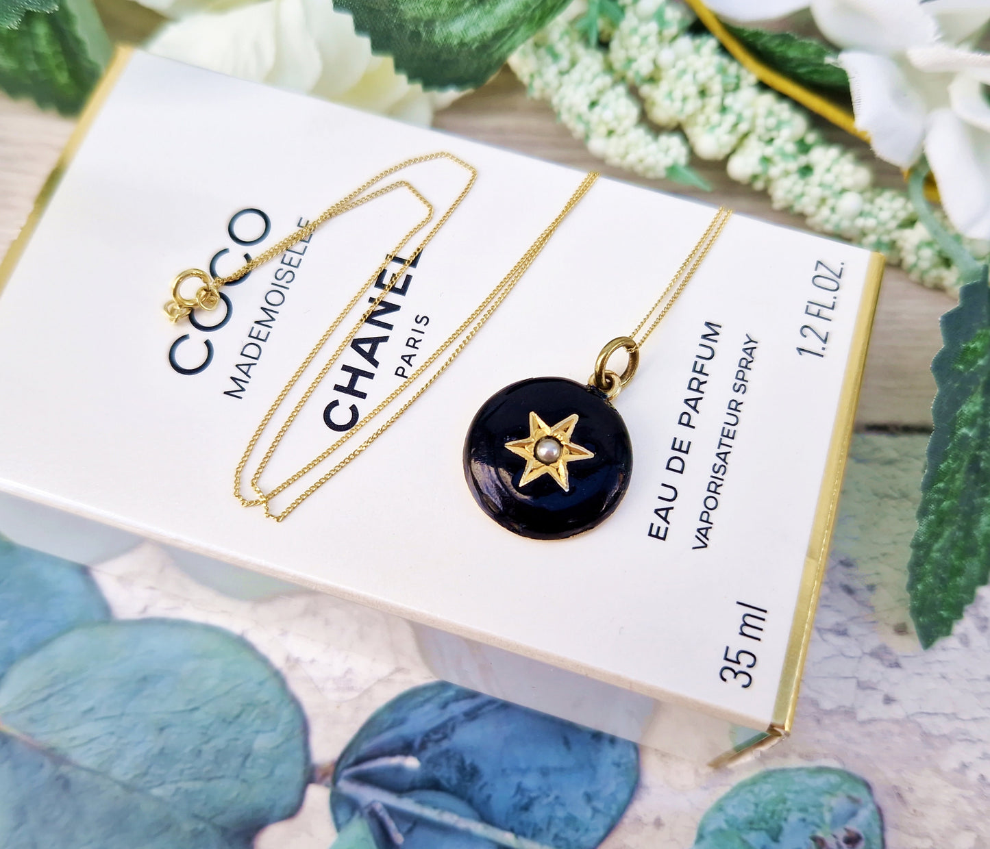 Antique Victorian 9ct Yellow Gold Black Enamel & White Pearl Star Pendant